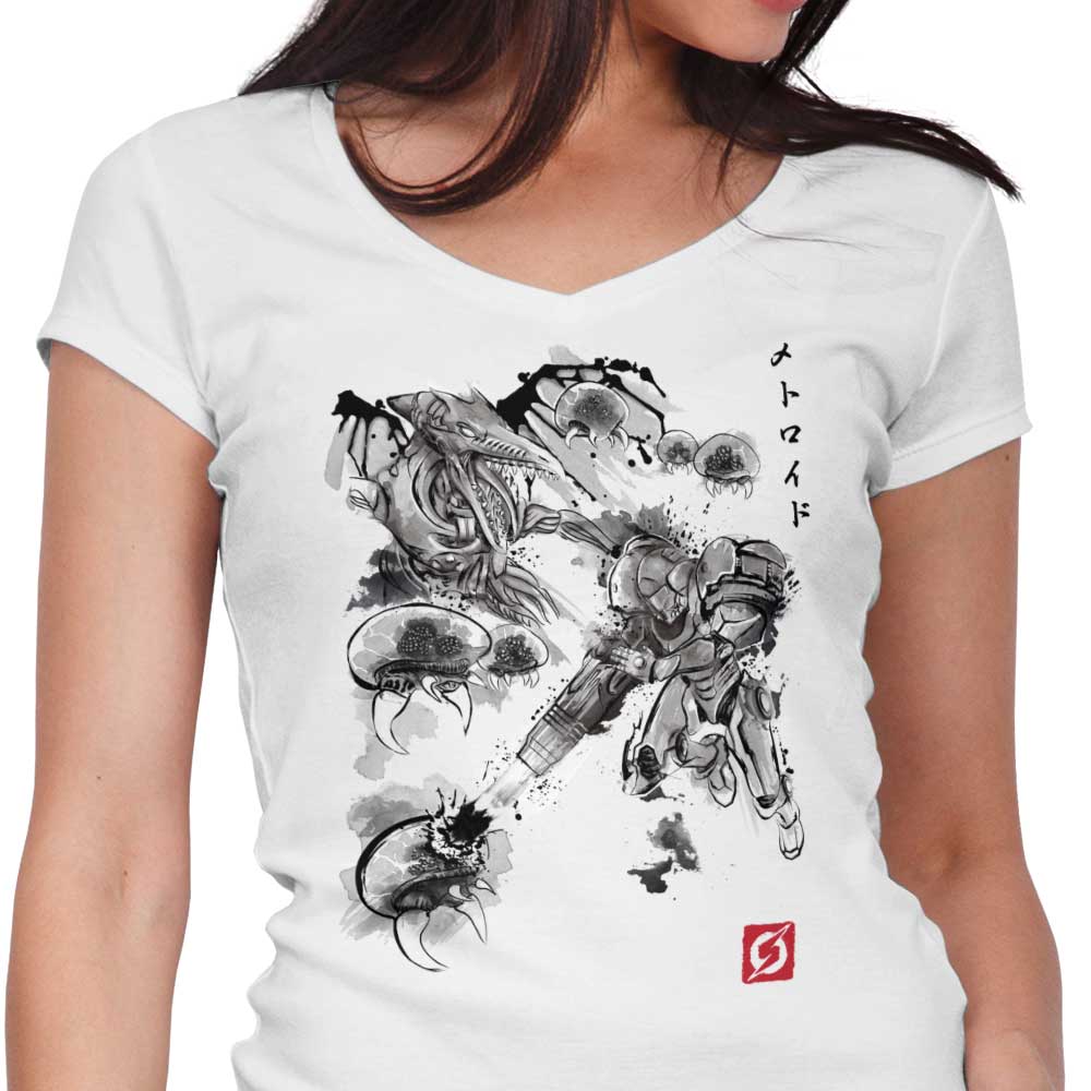 Women's Stylish V-Neck T-Shirt: The Attack of the Space Pirates Design