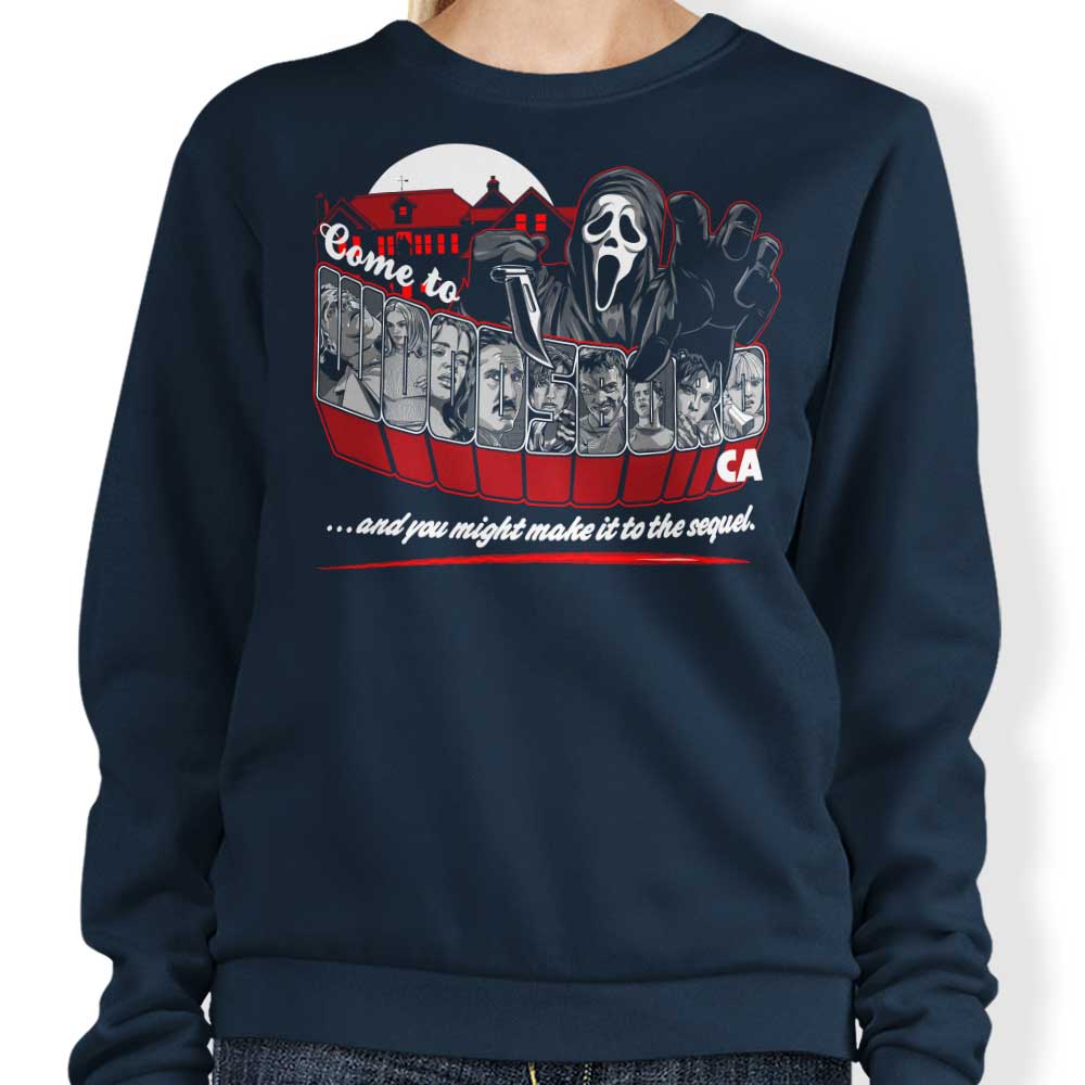 Stylish 'Come to Woodsboro' Sweatshirt by GoodIdeaRyan