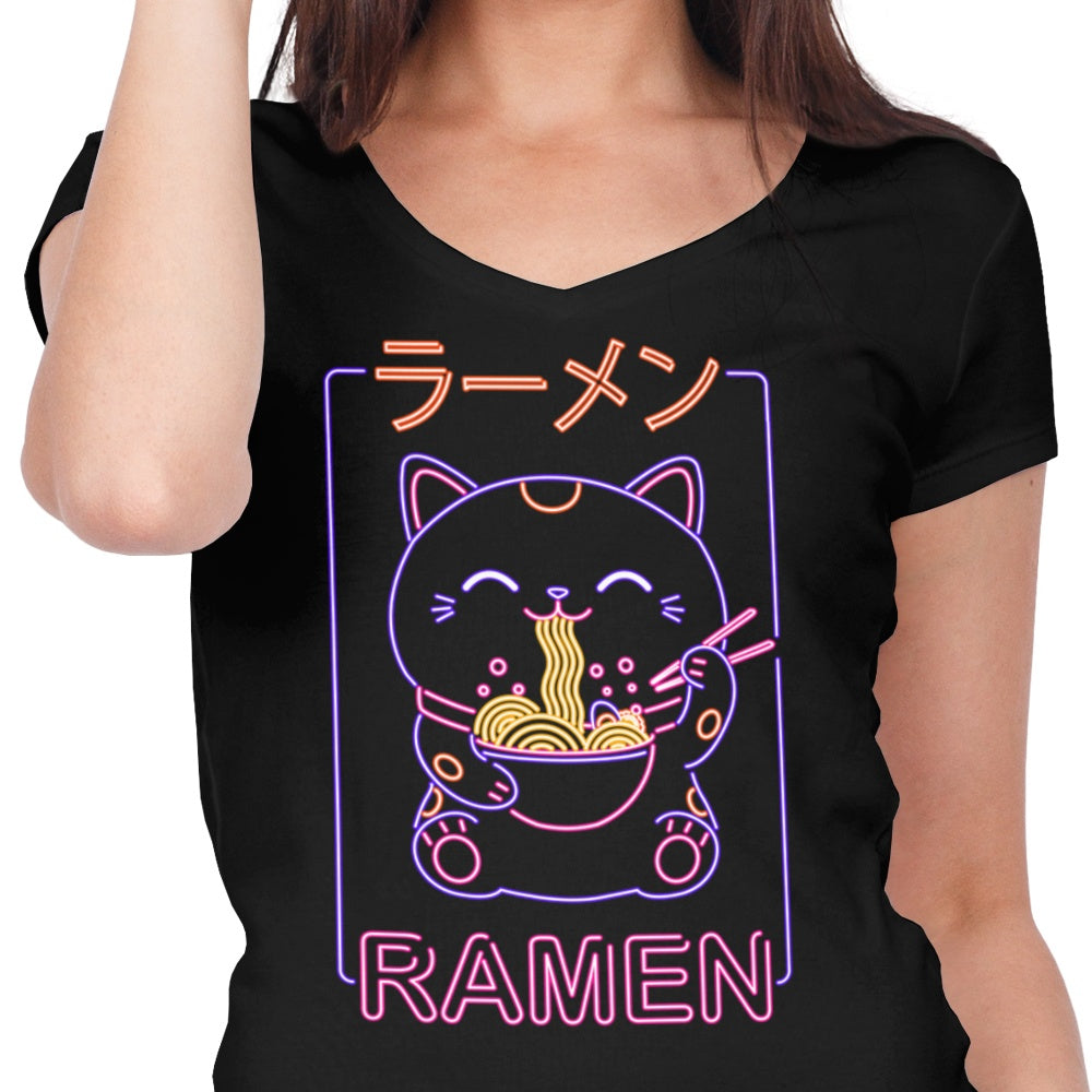 Stylish Women's V-Neck Neon Neko Ramen T-Shirt