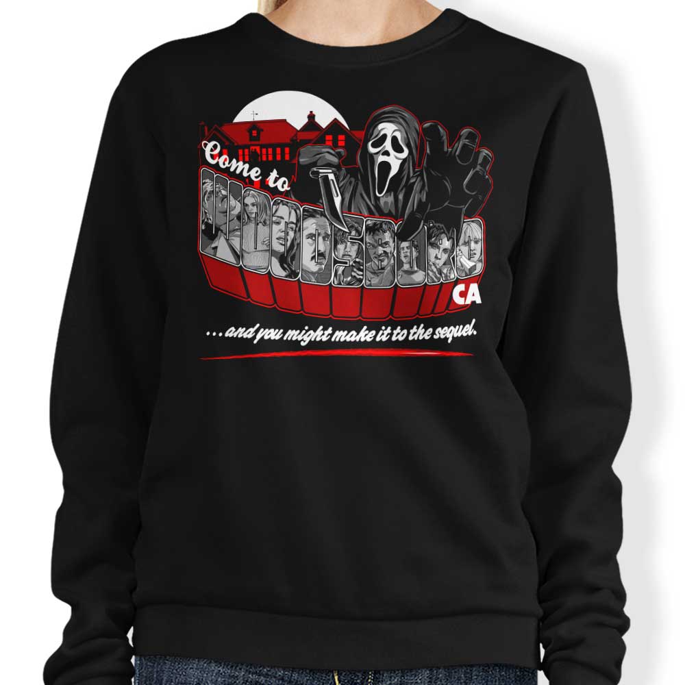 Stylish 'Come to Woodsboro' Sweatshirt by GoodIdeaRyan