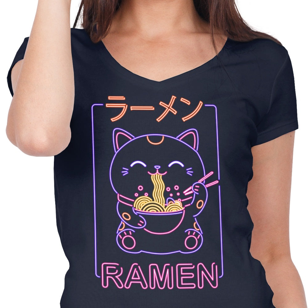 Stylish Women's V-Neck Neon Neko Ramen T-Shirt