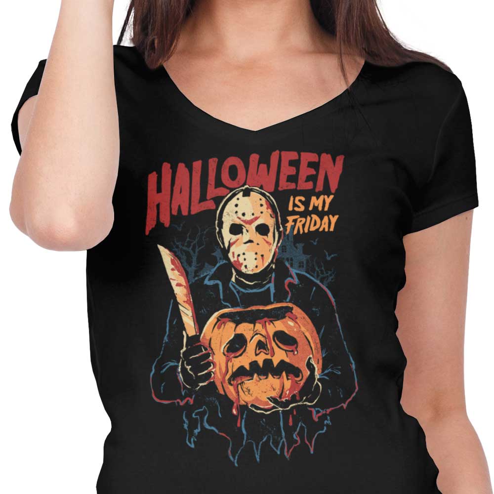 Elegant Women's V-Neck T-Shirt with 'Halloween is My Friday' Design
