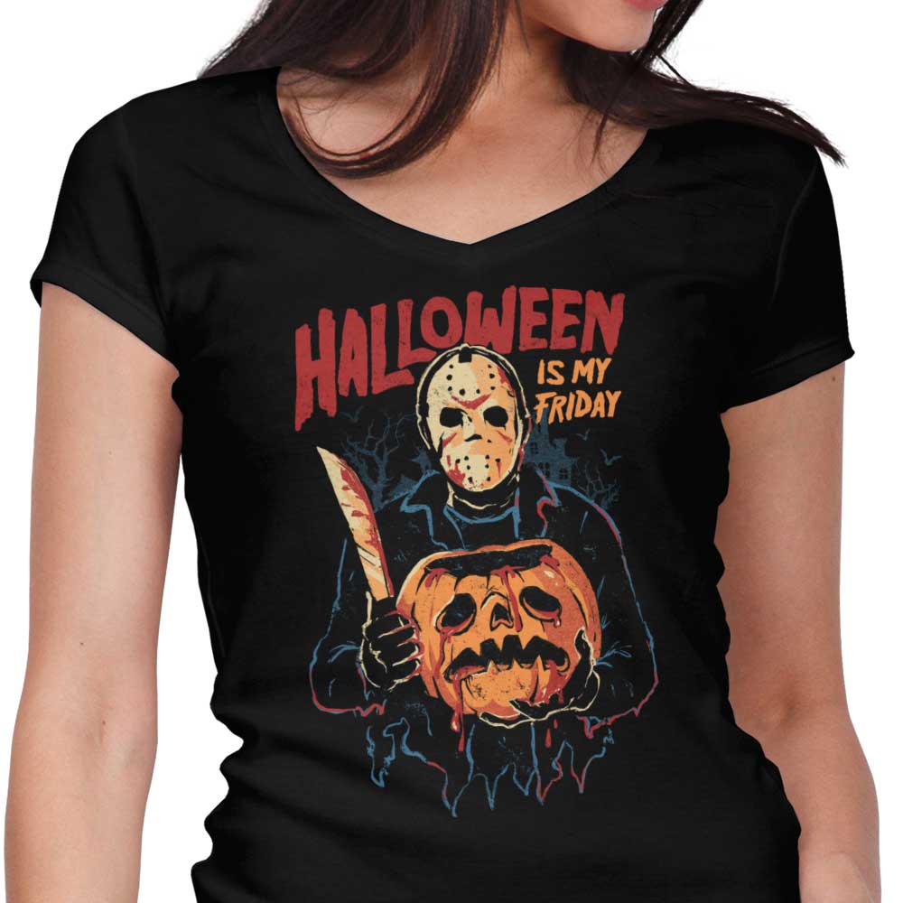 Elegant Women's V-Neck T-Shirt with 'Halloween is My Friday' Design