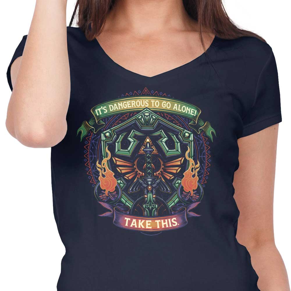 Women's Stylish V-Neck Shield and Sword Design T-Shirt