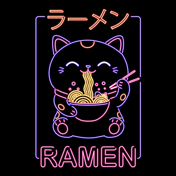 Stylish Women's V-Neck Neon Neko Ramen T-Shirt