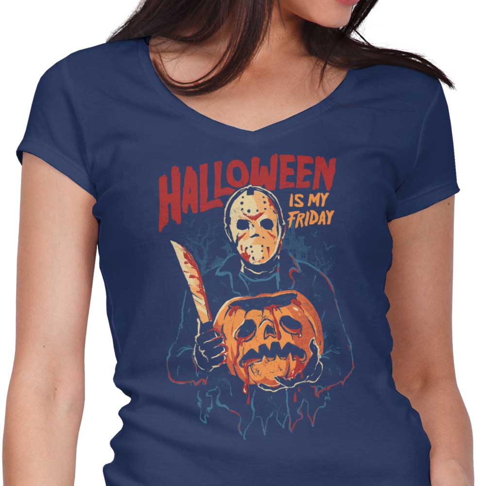 Elegant Women's V-Neck T-Shirt with 'Halloween is My Friday' Design
