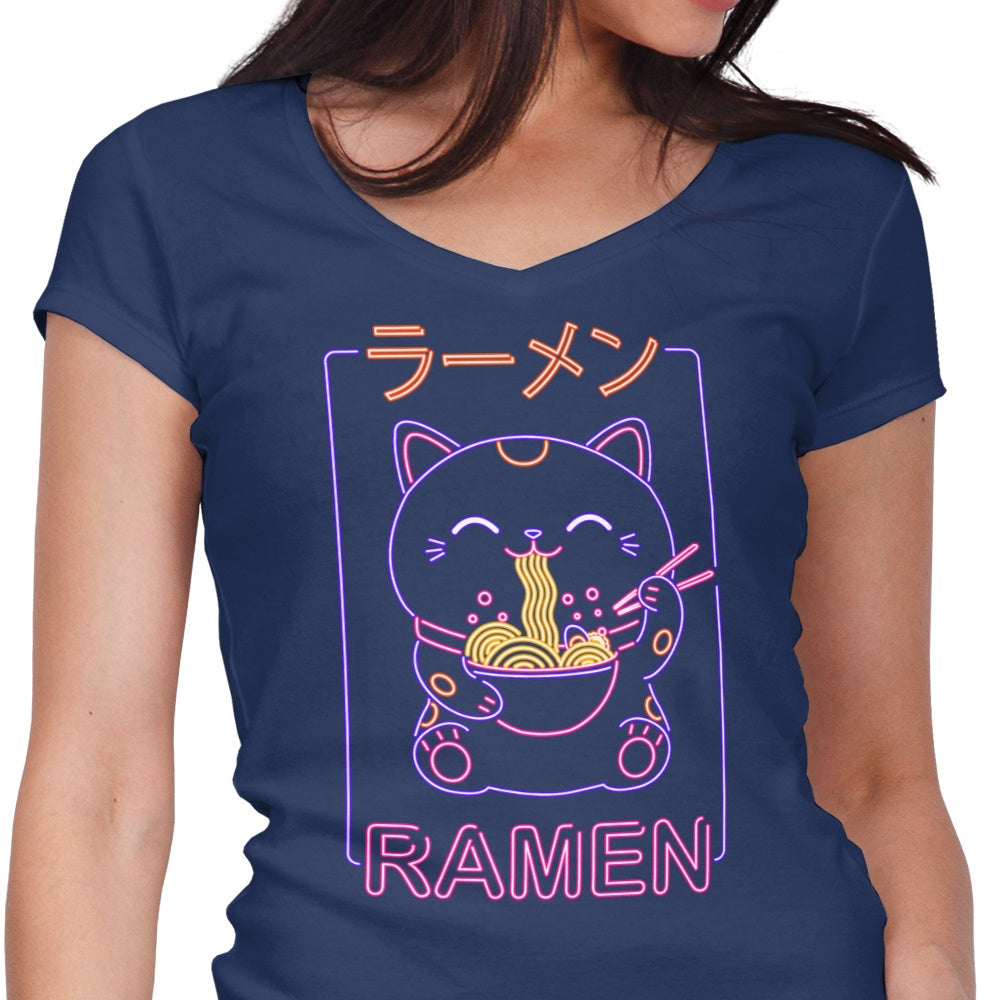 Stylish Women's V-Neck Neon Neko Ramen T-Shirt